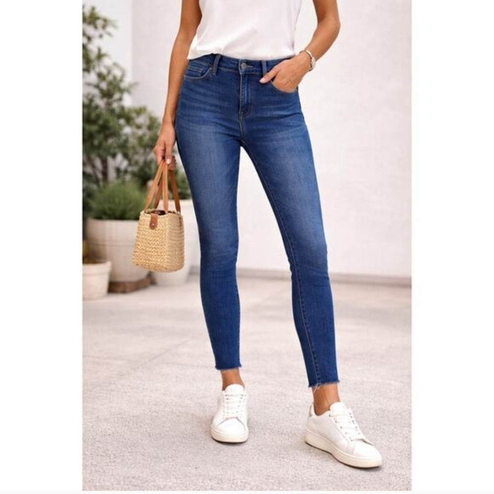 Kut From The Kloth Carlo Ankle Skinny Size 8 Mid Rise Blue Denim Distressed Hem